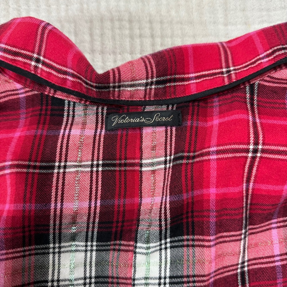 VICTORIA'S SECRET size L Red Pink & Plaid Flannel Romper 1 Pc belted Pajamas - Picture 9 of 11